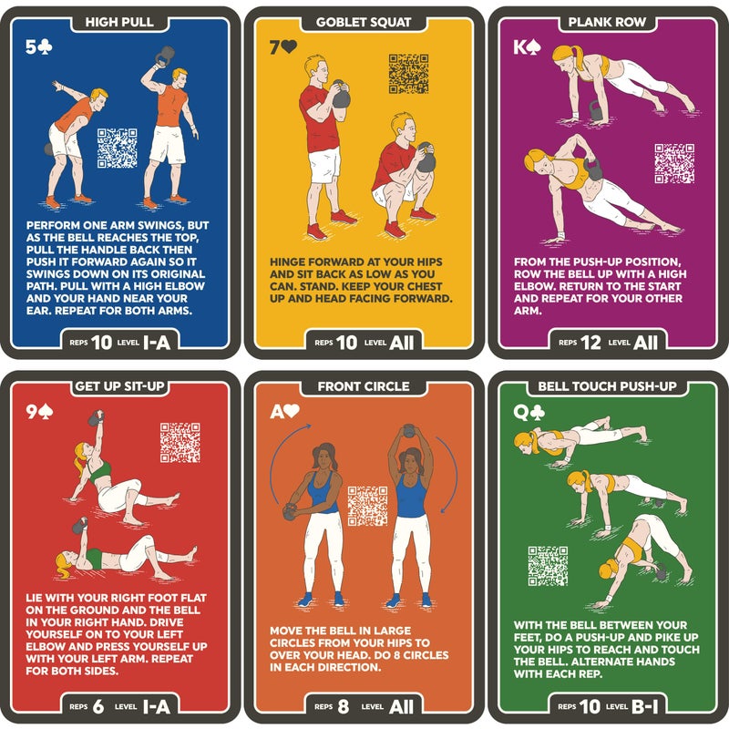 Stack 52 Kettlebell Exercise Cards. Workout Playing Card Game. Video Instructions Included. Learn Kettle Bell Moves and Conditioning Drills. Home Fitness Training Program. (2019 Mega Pack) - Image 3